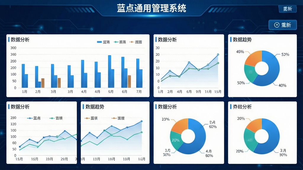 一张展示蓝点通用管理系统数据分析仪表盘的图片,画面主体为数据看板,包含柱状图、折线图、饼图等多种图表,顶部有“蓝点通用管理系统”字样,背景为深蓝色科技风格,布局为网格状排列,细节包括数据标签、趋势线、刷新按钮,画质高清,干净,无多余元素