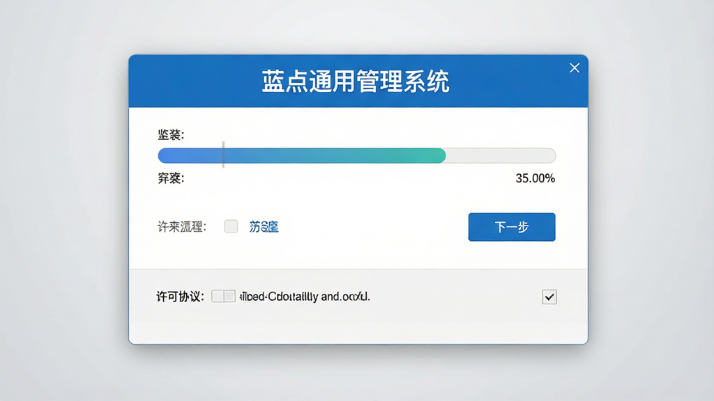 一张展示蓝点通用管理系统安装向导界面的图片,画面中央为安装进度条与选项按钮,顶部有“蓝点通用管理系统”标题,背景为浅灰色渐变,布局为居中对话框,风格为简洁商务风,细节包括进度百分比、下一步按钮、许可协议复选框,画质高清,干净,无多余元素