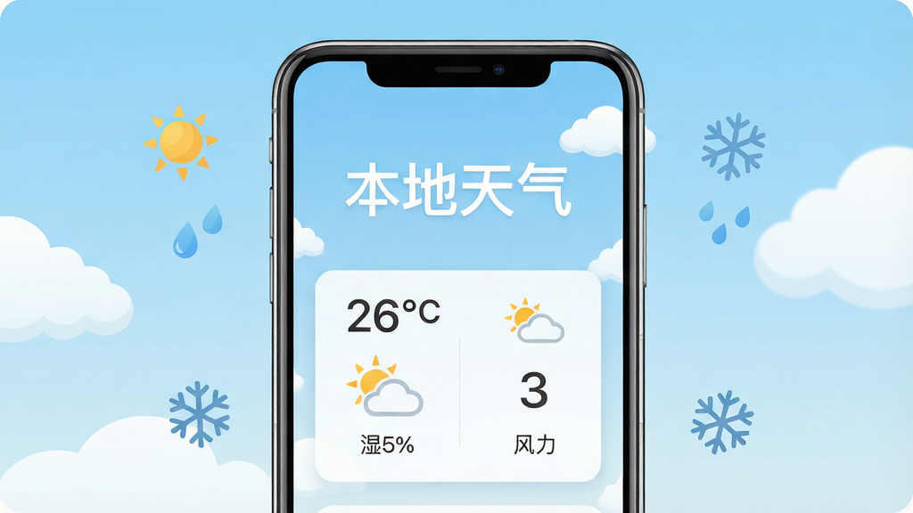 一张展示本地天气手机应用主界面的详细图片,画面中央是一部竖屏智能手机,屏幕上显示着“本地天气”四个大字,下方是当前温度26°C、晴转多云图标、湿度65%、风力3级的简洁数据卡片,背景是淡蓝色渐变天空和几朵白云,手机周围漂浮着微缩的太阳、雨滴、雪花图标,布局干净整洁,风格为现代扁平化UI设计,细节上手机边框有轻微反光,画质高清,画面干净,无多余元素