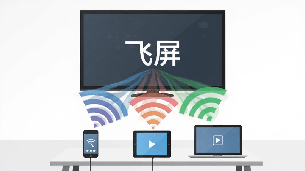 画面展示一个简洁的白色房间,一面墙上挂着一台大屏幕电视,电视前方有一张矮桌,桌上放着手机、平板和笔记本电脑三种设备,三台设备分别向电视发射出不同颜色的无线信号波,信号波汇聚到电视屏幕上形成画面。布局采用对称构图,电视居中,三种设备呈扇形排列在下方。排版清晰,风格为扁平化科技插画风。细节包括设备图标明确、信号波纹有层次感、电视屏幕显示“飞屏”字样。画质干净,无多余元素。