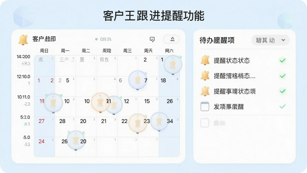一张展示客户王跟进提醒功能的图片,画面中有日历视图和待办事项列表,布局为上下结构,风格为柔和浅色商务风,细节包括时间轴、提醒铃铛图标和状态标记,画质清晰,干净,无多余元素