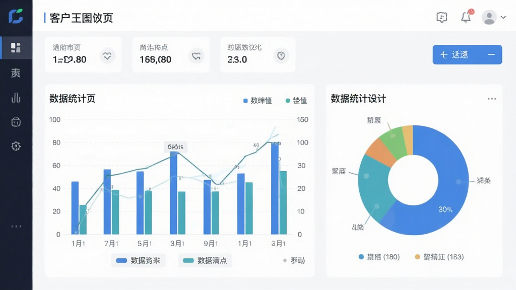 一张客户王数据统计页面的图片,画面包含柱状图和饼图,布局为仪表盘式排版,风格为简约科技风,细节包括数据卡片、图例和筛选按钮,画质清晰,干净,无多余元素