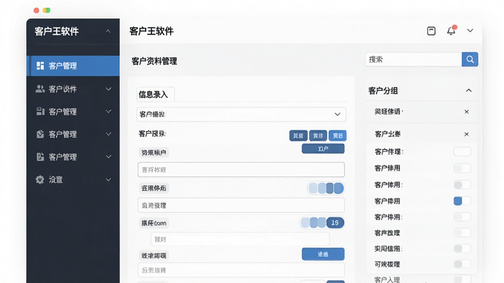 一张客户王软件中客户资料管理界面的图片,画面主体是信息录入表单和客户分组列表,布局为左侧导航右侧内容区,风格为清爽办公风,细节包括输入框、标签按钮和搜索栏,画质清晰,干净,无多余元素