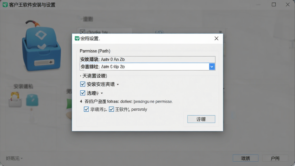 一张客户王软件安装与设置界面的图片,画面展示安装向导和权限设置窗口,布局为居中弹窗式,风格为简洁工具风,细节包括路径选择框、复选框和提示文字,画质清晰,干净,无多余元素