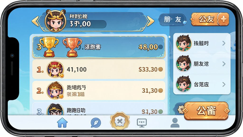 �������μ���Ϸ�罻���а���棬����Ϊ�ֻ���Ļ����ʾȫ�����а��б������������ͷ����������·�����������������������Ҳ��к����б��빫����ڰ�ť������Ϊ���͵��ƶ����б�ʽ�Ű棻���Ϊ���¿�ͨUI��ơ���ɫ���ɫΪ��ɫ����ϸ�ڰ�������ǰ�����н���ͭ����ͼ�ꡢ���ͷ��ΪQ�����ν�ɫ��������������ʾ���ײ��е�����������Ϊ���塢�ɾ����޶���Ԫ��