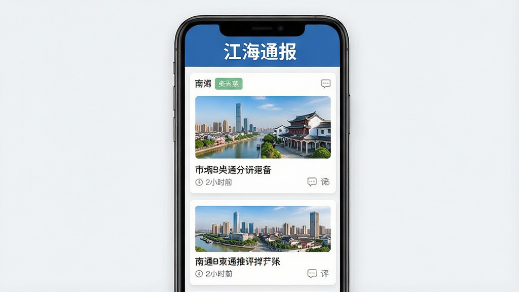 一张展示“江海通报”资讯聚合功能的界面截图风格图片,主体为手机屏幕内呈现多列新闻卡片布局,顶部有“江海通报”字样横幅,卡片内含南通城市风貌缩略图与标题文字,布局采用上下滚动式信息流,排版整齐清晰,风格为简洁现代UI设计,细节包含分类标签、时间戳、评论图标,画质锐利干净,背景为浅灰白色无干扰元素