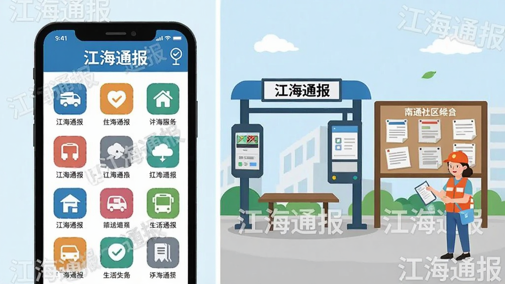 一张表现“江海通报”生活服务功能的插画风格图片,画面左侧为手机界面展示服务图标网格,右侧为南通社区生活场景简笔插画,包含公交站、公告栏、志愿者等元素,布局采用左右分栏排版,风格清新扁平化,细节处有“江海通报”水印文字,画质干净明亮,无多余装饰