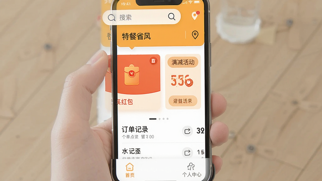 手机屏幕展示外卖点餐特惠省软件主界面,顶部为搜索框和定位信息,中部为红包领取卡片与满减活动入口,底部为订单记录与个人中心,整体采用橙黄色暖色系配色,界面干净整洁,图标扁平化设计,画质清晰,无多余元素