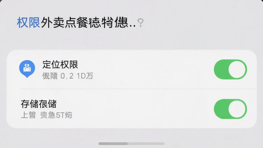 外卖点餐特惠省软件在手机上的权限设置界面截图风格,展示定位权限与存储权限开关,背景为系统设置页面,整体干净整洁,画质清晰