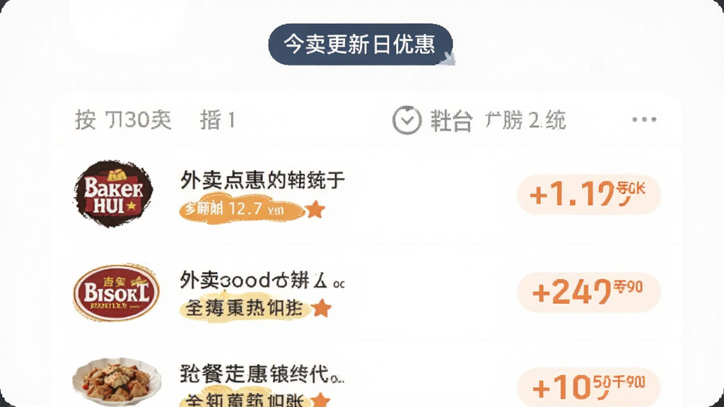 外卖点餐特惠省软件优惠更新页面,顶部显示今日更新标签,下方为按时间排列的优惠条目,每条带有商家图标与折扣标签,界面风格清新简约,画质清晰