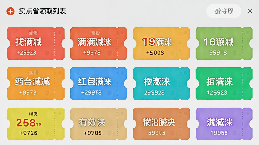 外卖点餐特惠省软件界面中展示红包领取列表,多个不同颜色的优惠券卡片整齐排列,每张卡片标注满减金额与有效期,背景为浅灰色,风格简洁现代,画质清晰干净