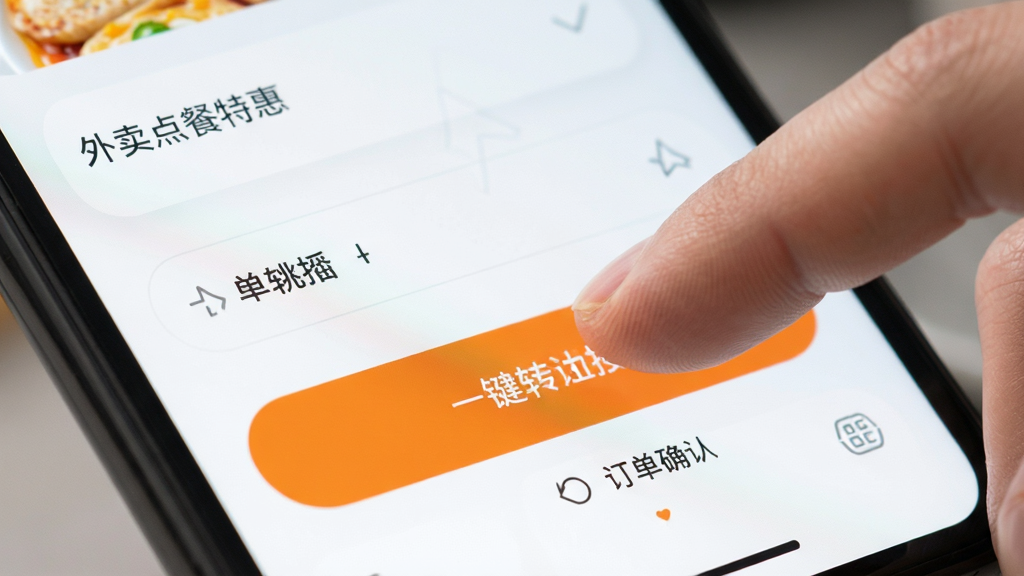 外卖点餐特惠省软件中一键跳转按钮的特写,手指点击橙色按钮,屏幕背景为订单确认页面,整体风格清爽,画质清晰,无杂乱元素