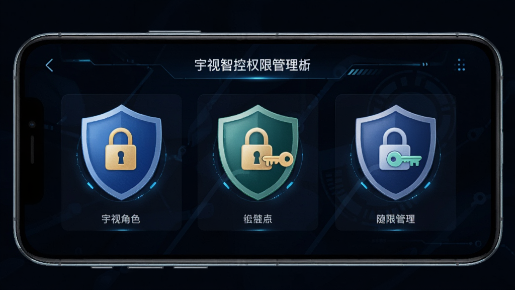 手机屏幕显示宇视智控权限管理界面,不同角色图标以盾牌形式呈现,配有锁与钥匙元素,背景为深色科技风,布局简洁,画质干净,无多余元素