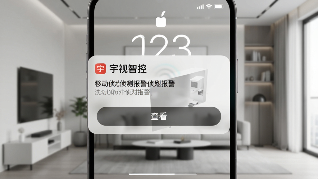 手机锁屏界面弹出宇视智控告警通知卡片,卡片上显示移动侦测报警与查看按钮,背景为简约室内场景,风格为写实科技风,细节清晰,画质干净,无多余元素