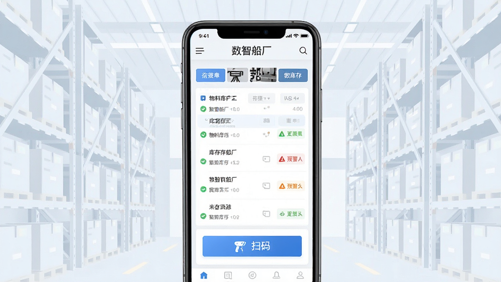 一张“数智船厂”物料库存管理界面的手机展示图,画面中呈现库存列表、扫码按钮与预警提示,背景为浅色仓库货架抽象图,风格干净利落,细节清晰,画质干净,无多余元素