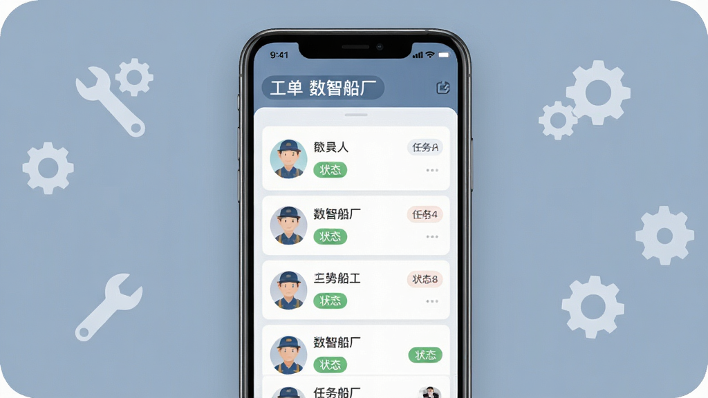 一张“数智船厂”工单派发与反馈界面的手机截图,画面中显示任务列表、工人头像与状态标签,背景为柔和的蓝灰色调,点缀扳手与齿轮图标,风格简洁实用,细节清晰,画质干净,无多余元素