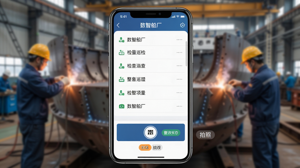 一张“数智船厂”质量巡检界面的手机样机图,画面中显示检查项列表、拍照按钮与整改状态标签,背景为船体分段焊接场景的虚化图,风格专业严谨,细节丰富,画质干净,无多余元素