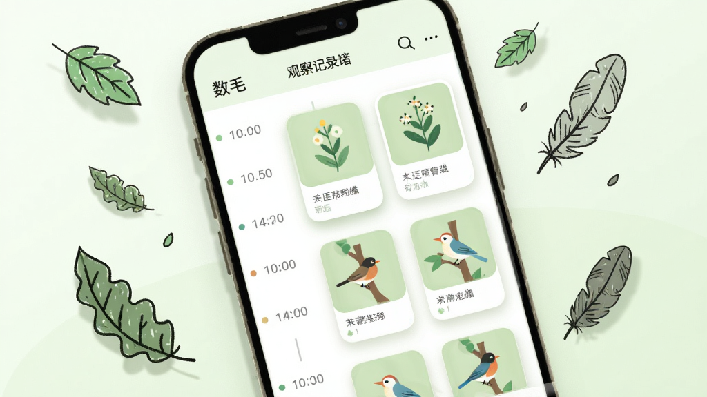 画面展示手机屏幕中的“数毛”观察记录列表界面,左侧是时间轴,右侧是植物与鸟类缩略图卡片,周围散落手绘风格的树叶与羽毛,布局采用左右分栏加漂浮元素,排版疏朗有序,风格为扁平清新插画,细节包含卡片圆角、柔和阴影与浅绿色调,画质高清,干净,无多余元素