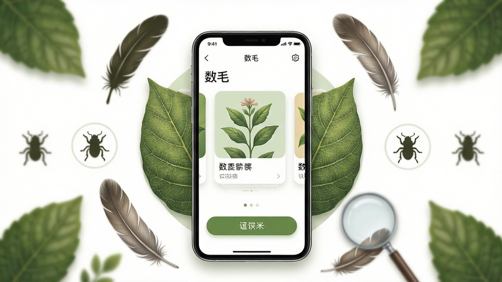 整体画面以自然探索为主题,中央放置一部智能手机,屏幕上显示“数毛”软件界面,包含植物卡片与识别按钮,周围环绕树叶、羽毛、昆虫剪影与放大镜元素,布局采用中心对称加环形点缀,排版干净留白充足,风格为清新写实插画,细节包含叶脉纹理、柔和光影与轻微景深,画质高清,干净,无多余元素