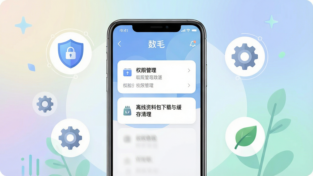 手机屏幕显示“数毛”软件设置界面,包含权限管理、离线资料包下载与缓存清理选项,画面以手机为中心,周围有盾牌、齿轮与树叶图标,布局采用居中构图加图标环绕,排版简洁清晰,风格为扁平科技插画,细节包含界面文字“数毛”、柔和渐变背景与圆角卡片,画质高清,干净,无多余元素