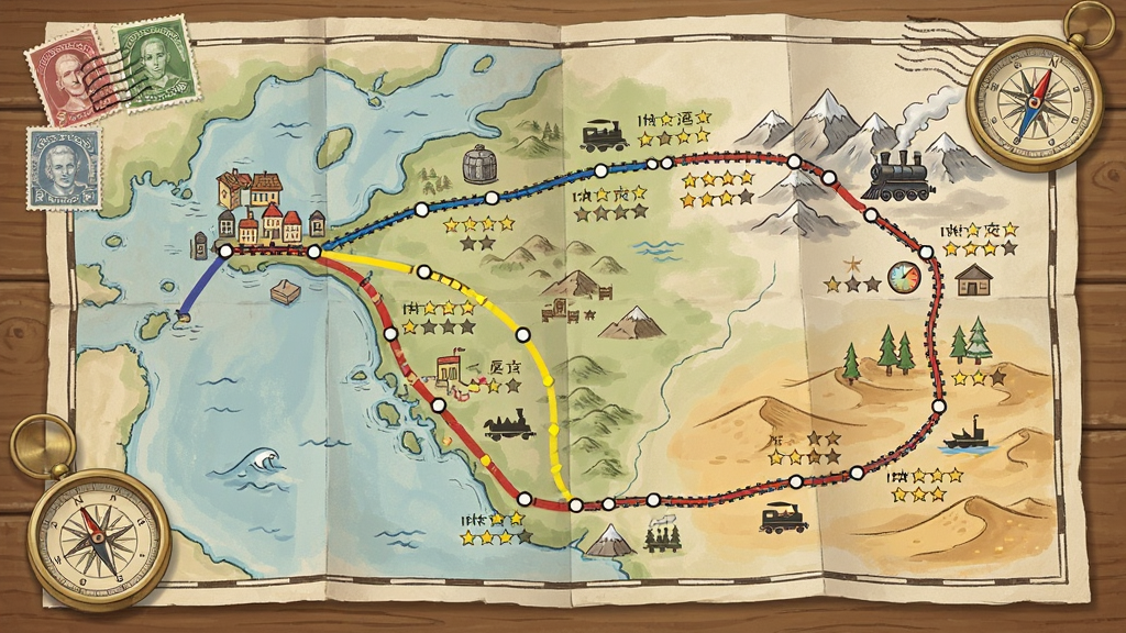 火车酒店Train Hotel路线选择地图,画面展示一张展开的复古旅行地图,上面标注了多条彩色铁路线连接不同地貌区域,包括城市、海岸、雪山与沙漠,每条路线旁有星级评价与特色图标,地图边缘装饰着邮票与指南针,整体风格手绘复古,色调柔和,布局清晰,高清画质,无多余文字与元素