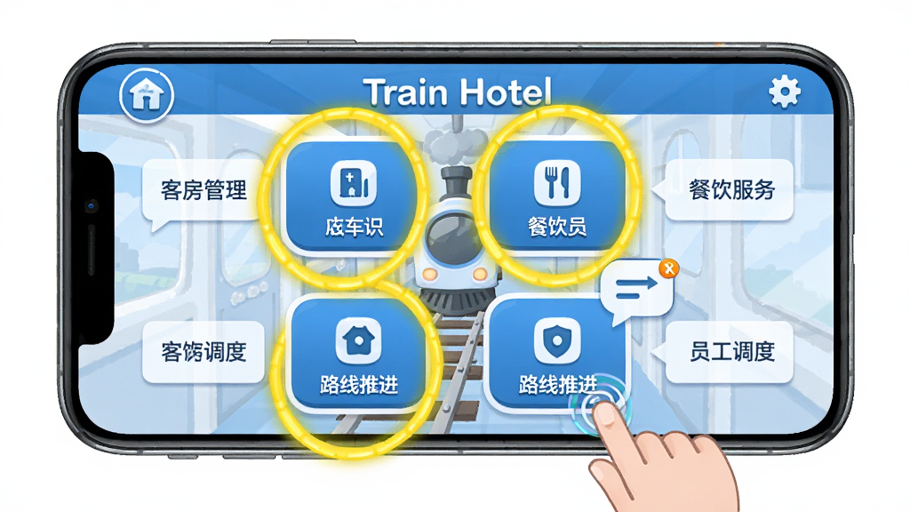 火车酒店Train Hotel新手操作界面指引图,手机屏幕显示游戏主界面,用高亮圆圈标注了客房管理、餐饮服务、员工调度与路线推进四个核心按钮位置,旁边配有简洁的文字说明框,整体风格清新明了,色调以蓝白为主,布局整洁,细节包括手指点击图标与提示气泡,高清画质,无多余元素