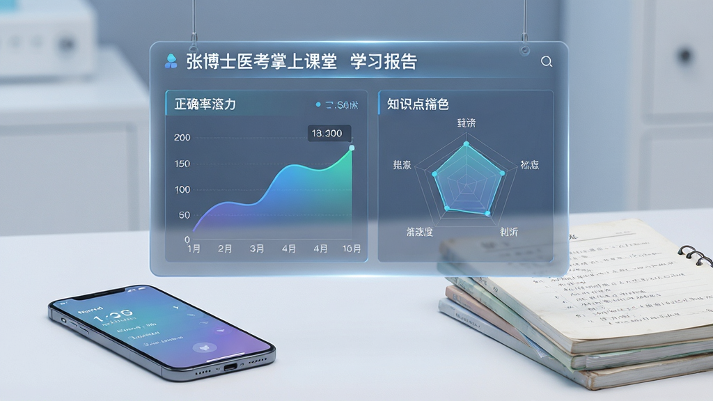 画面中央悬浮一块半透明数据面板,面板上显示“张博士医考掌上课堂”学习报告图表,包含正确率曲线与知识点雷达图,面板下方有一部手机与一叠错题本,整体采用科技感数据可视化风格,布局为面板居中、手机与错题本左右对称,细节包括图表渐变与数据标签,画质高清,干净,无多余元素