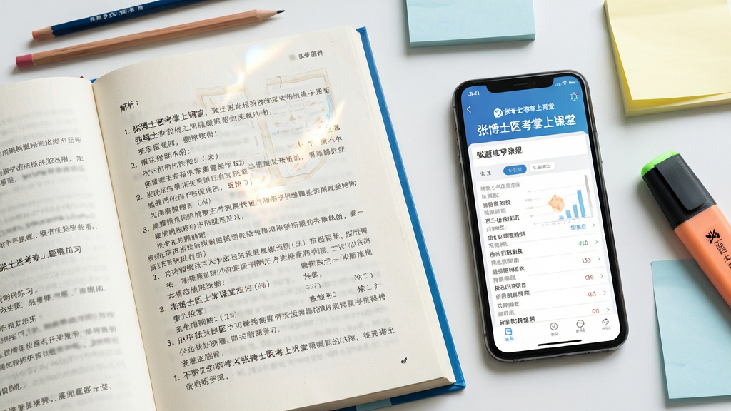 画面主体为一本打开的医学题库册子与一部手机并排摆放,手机屏幕显示“张博士医考掌上课堂”题库练习界面,册子页面呈现题目与解析文字,周围点缀铅笔、荧光笔与便签纸,布局采用左书右机对比排版,风格为清爽学习风,细节包括纸张纹理与屏幕高光,画质高清,干净,无多余元素
