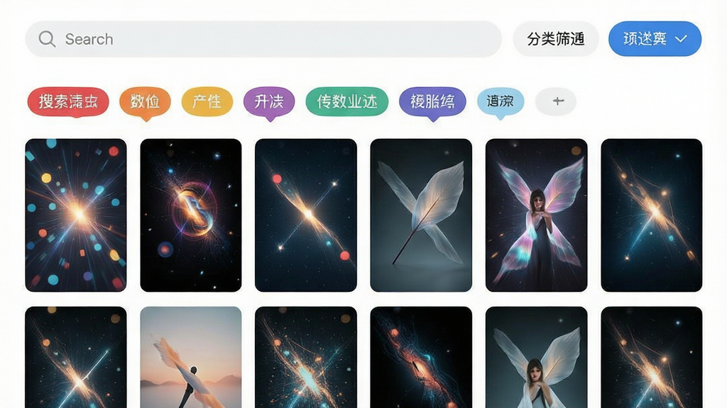一张好看云壁纸应用内搜索与分类筛选界面,画面展示彩色标签云和壁纸缩略图网格布局,顶部有搜索框和筛选按钮,风格现代简洁,布局规整,画质高清,无多余装饰
