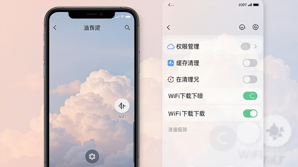 一张手机屏幕展示好看云壁纸应用的设置页面,画面中可以看到权限管理、缓存清理、WiFi下载开关等选项,界面布局工整,配色柔和,画质清晰,无多余装饰元素