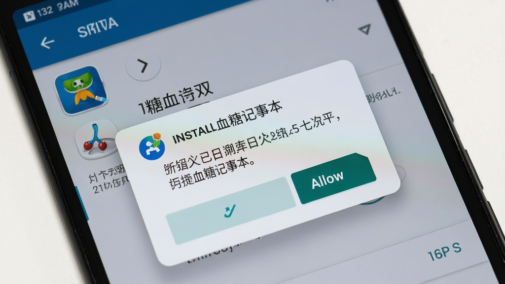 一张展示安卓手机安装血糖记事本过程的写实风格图片,主体是手机屏幕,屏幕中显示安装权限提示弹窗与允许按钮,布局为居中弹窗结构,风格为安卓系统设置界面,细节包括应用图标、权限说明文字、确认按钮,画质高清,画面干净,无多余元素。