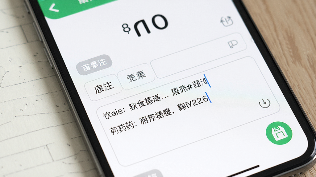 一张展示血糖记事本备注编辑界面的写实风格图片,主体是手机屏幕,屏幕中显示血糖数值与备注输入区域,备注框内有饮食与用药文字示例,布局为上下结构,风格为简洁健康记录App界面,细节包括标签按钮、输入框、保存图标,画质高清,画面干净,无多余元素。