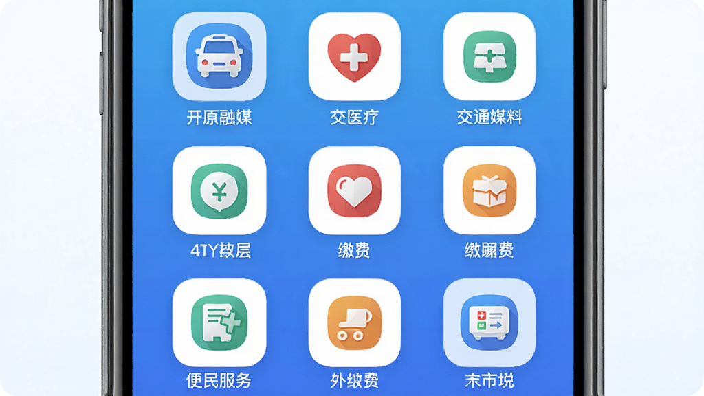 开原融媒便民服务功能界面,主体为手机屏幕显示服务图标网格,布局为九宫格排列,排版包含交通、医疗、缴费等图标,风格清新扁平,细节有蓝色渐变背景、圆角图标、文字标签,画质清晰,干净,无多余元素