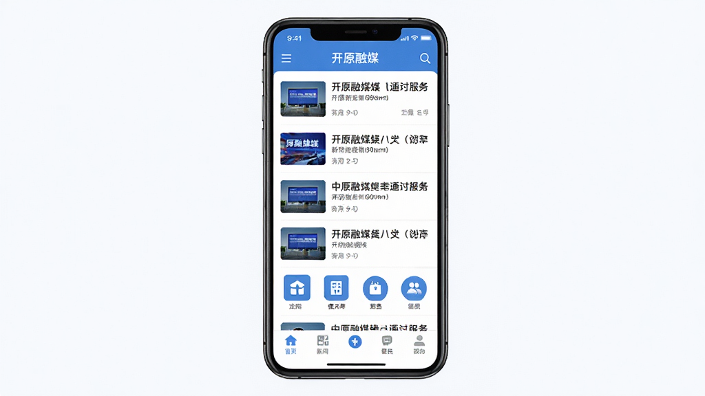 开原融媒手机应用界面展示,主体为一部现代智能手机,布局采用居中构图,排版展示新闻资讯列表与便民服务图标,风格简洁现代扁平化,细节包含蓝色主色调、清晰文字标题、底部导航栏,画质高清,干净,无多余元素