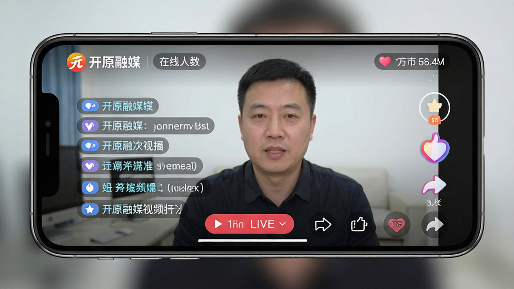 开原融媒视频直播界面,主体为手机横屏播放状态,布局为全屏视频叠加弹幕与点赞图标,排版突出直播画面与互动按钮,风格活力现代,细节包含“开原融媒”台标、在线人数显示,画质高清,干净,无多余元素