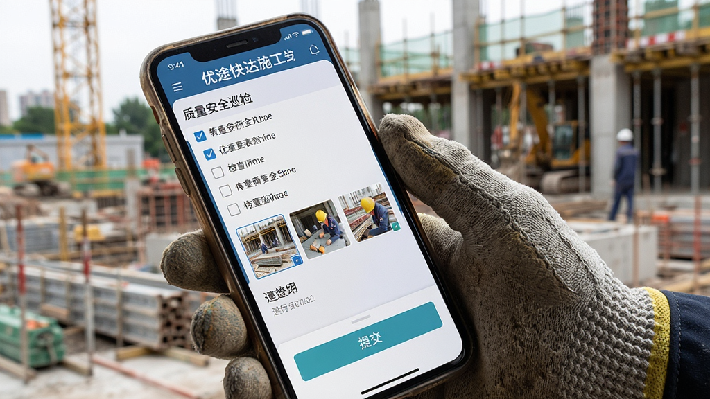 一张展示优途快达施工端质量安全巡检界面的图片,画面主体为手机屏幕显示巡检表单和现场照片上传界面,布局为特写构图,手机被一只戴手套的手握着,背景为建筑工地现场,风格为纪实摄影,细节包括屏幕上的检查项勾选框、照片缩略图、提交按钮清晰可见,画质为高清,干净无多余元素