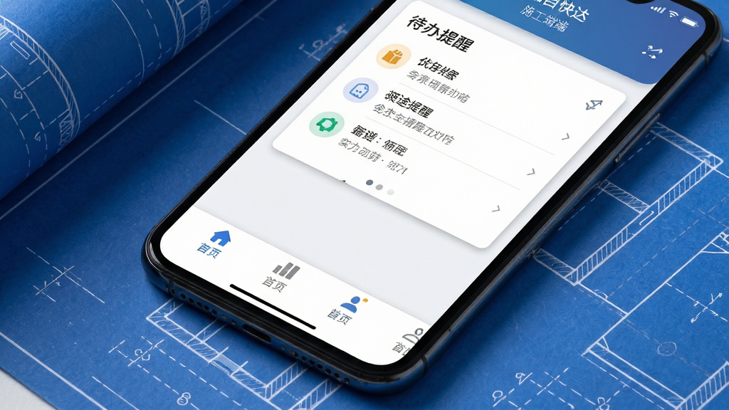 一张展示优途快达施工端主界面底部导航栏和首页布局的图片,画面主体为手机屏幕正面特写,屏幕上显示项目概览卡片和待办提醒列表,布局为居中构图,手机放置在蓝色工程图纸上,风格为产品界面展示,细节包括底部四个导航图标、卡片阴影、数据数字清晰可见,画质为高清,干净无多余元素