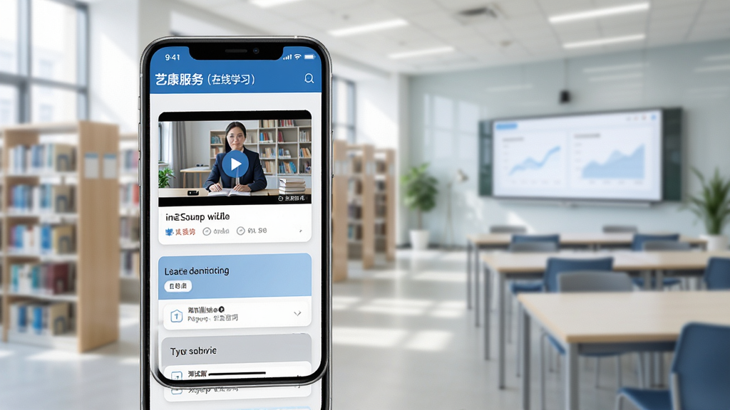 画面展示“艺康服务”在线学习界面,手机屏幕中有视频课程卡片和测试题选项,背景是明亮的图书馆或培训教室,风格简洁商务,色调以蓝白灰为主,细节干净,画质清晰,无多余元素