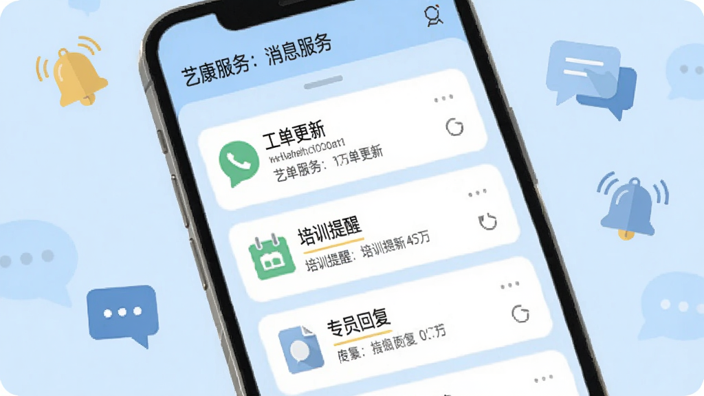 手机屏幕显示“艺康服务”消息通知列表,包含工单更新、培训提醒和专员回复等内容,界面采用卡片式布局,背景是淡蓝色,周围点缀铃铛和对话气泡图标,扁平化设计,画质高清,干净整洁,无多余元素