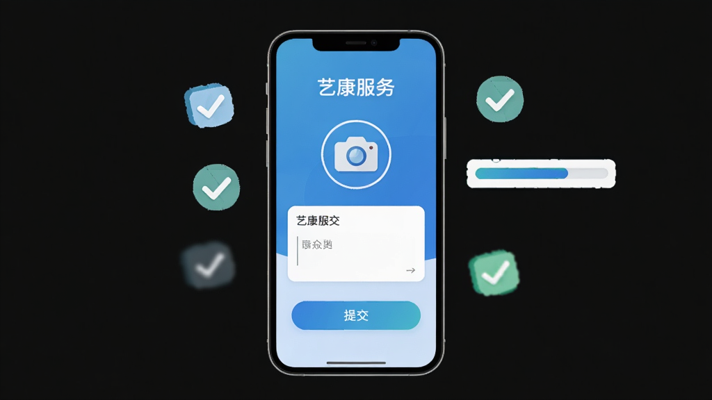 手机屏幕展示“艺康服务”工单提交页面,画面中有相机图标、文字输入框和提交按钮,背景是简洁的蓝色渐变,周围漂浮着勾选标记和进度条元素,扁平插画风格,构图居中,细节清晰,画质干净,无多余元素