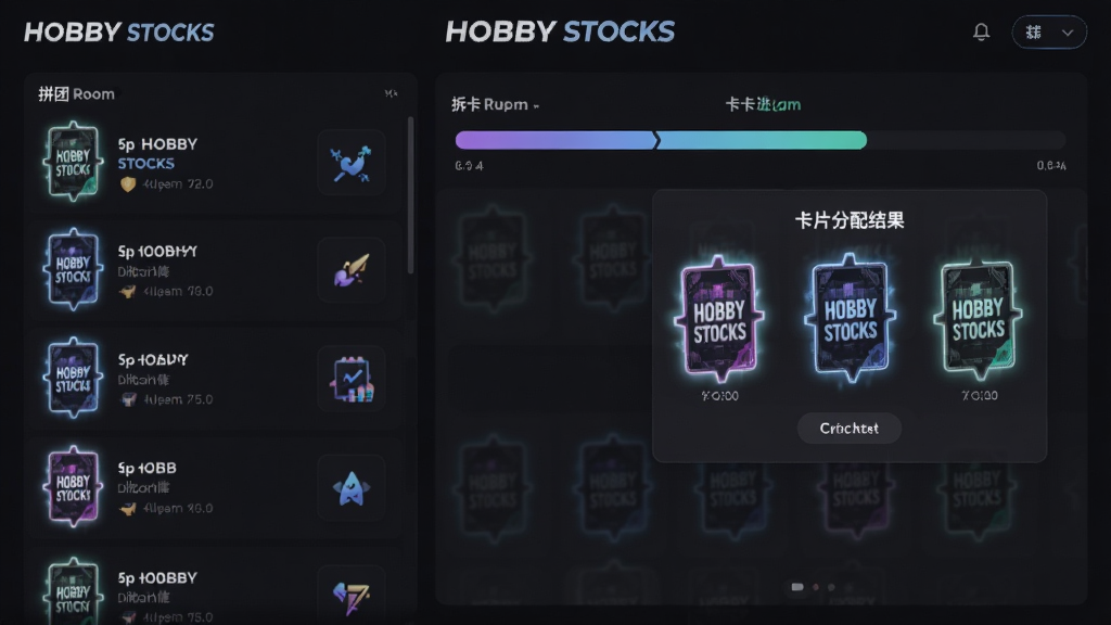 一张展示HOBBY STOCKS拼团分卡流程的界面截图,画面左侧是拼团房间列表,右侧是拆卡进度条与卡片分配结果弹窗,背景为深色主题,卡片以发光效果呈现,界面中带有