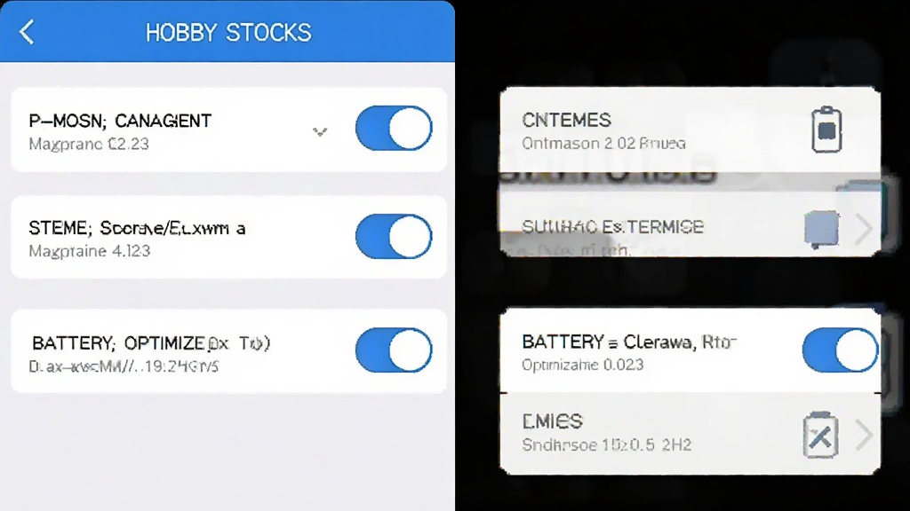 一张HOBBY STOCKS应用设置页面截图,画面中显示权限管理、存储清理与电池优化选项,界面采用白色背景搭配蓝色开关按钮,顶部有