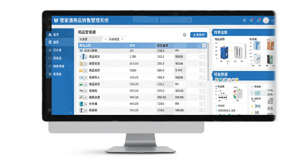 管家通商品销售管理系统主界面全景展示,画面中央为软件操作台,左侧为功能导航栏,右侧为商品列表与销售数据看板,界面布局整齐,采用蓝白商务配色,屏幕中显示商品名称、库存数量、销售金额等数据表格,风格写实清晰,画质干净,无多余元素