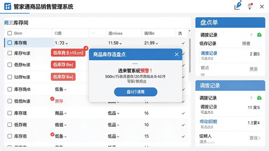 管家通商品销售管理系统库存预警与盘点界面,画面展示库存列表与预警提示弹窗,红色标注低库存商品,右侧显示盘点单与调拨记录,界面布局清晰,采用白底蓝字配色,风格专业严谨,画质干净,无多余元素