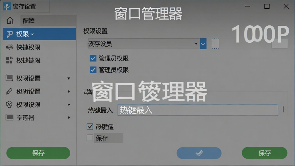 窗口管理器设置界面操作示意图,主体为软件快捷键配置与权限设置面板,布局采用左侧导航栏加右侧详细设置项,排版上重点展示管理员权限勾选项和热键录入框,风格为办公软件简洁风,细节包括高亮的保存按钮、下拉菜单、复选框状态,画面中打文字“窗口管理器”,画质为1080P,干净无多余元素