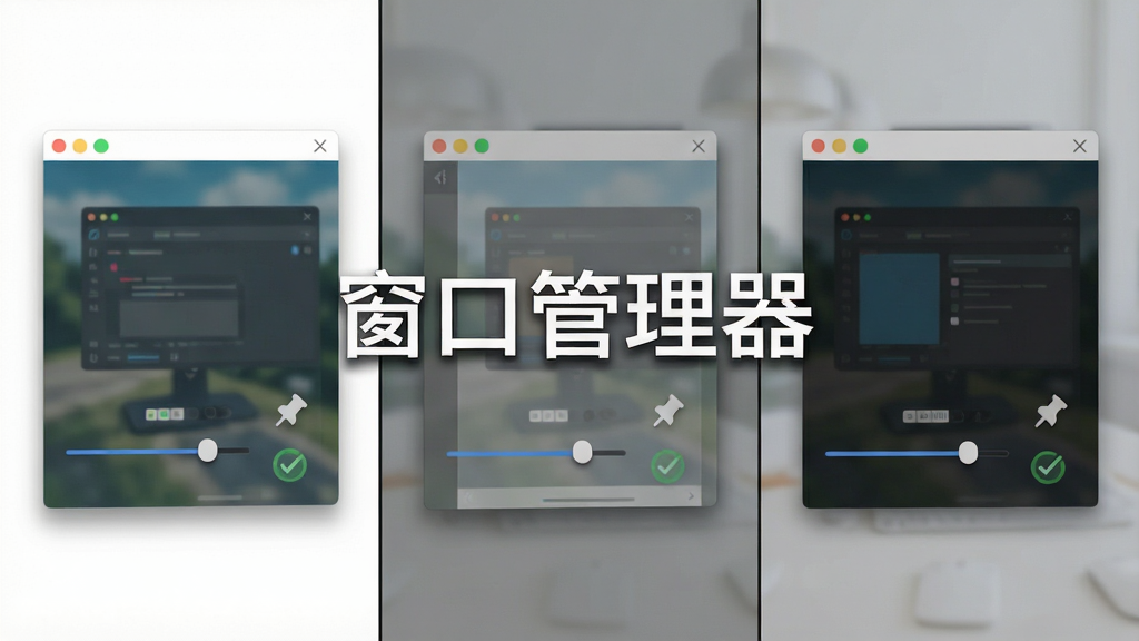 窗口管理器功能演示图,主体为软件窗口置顶与透明度调节的操作界面,布局采用三分屏展示不同透明度效果,排版上左侧为原始窗口、中间为半透明置顶窗口、右侧为完全置顶窗口,风格为清爽扁平化设计,细节包括透明度滑块控件、置顶图钉图标、窗口投影效果,画面中打文字“窗口管理器”,画质为4K超清,干净无多余元素
