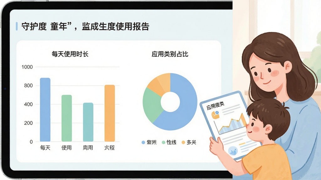 一张数据可视化图表的概念图,画面展示“守护童年”生成的周度使用报告,图表包括柱状图显示每天使用时长、饼图显示应用类别占比,整体配色清新柔和,图表旁有家长和孩子一起看报告的温馨插画,风格干净、专业、易读,画质清晰,无多余元素