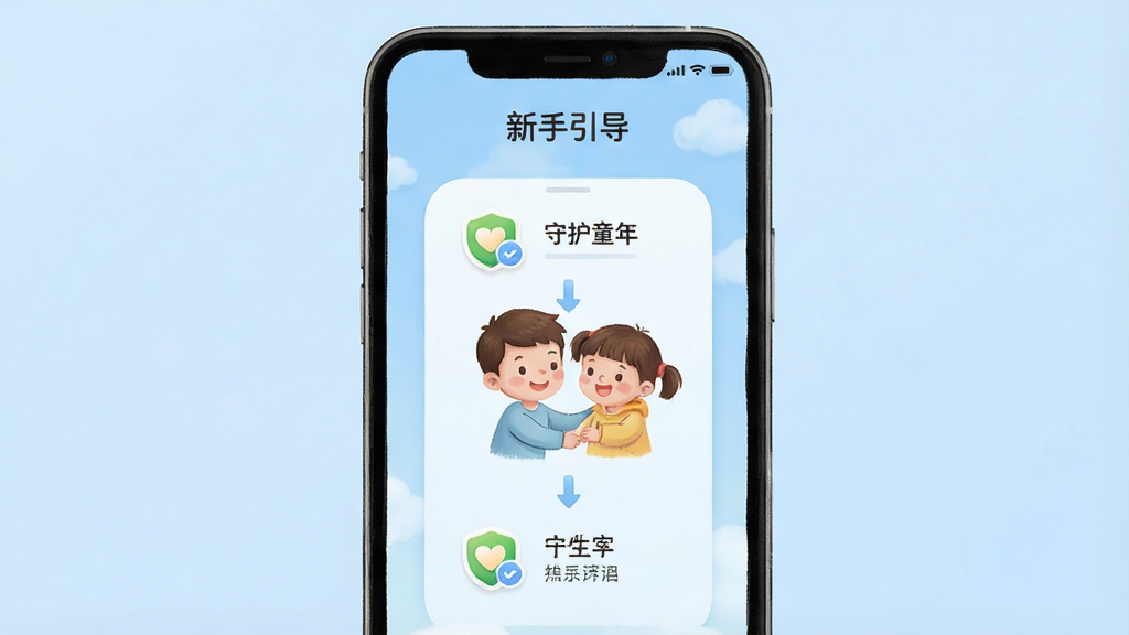 一张手机屏幕截图风格的概念图,画面显示“守护童年”应用的“新手引导”页面,页面上有清晰的步骤指示和图标,背景是柔和的蓝色,风格简洁、友好、易于理解,画质清晰,无多余元素