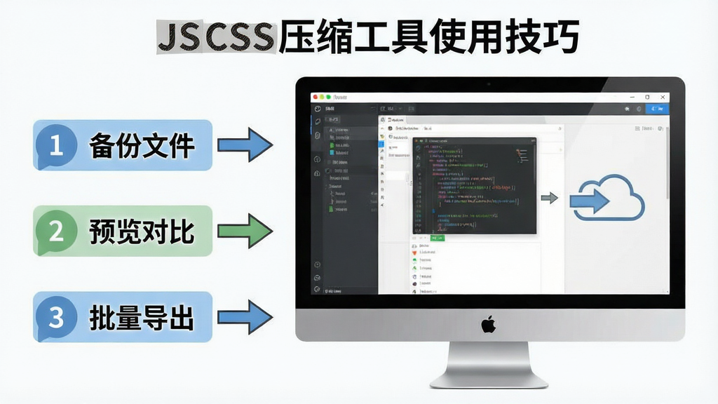 一张展示JS CSS压缩工具使用技巧的示意图,主体为电脑屏幕显示软件操作界面,布局为左右分栏,左侧为操作步骤列表,右侧为软件截图,排版清晰,风格为教程图解风,细节包括箭头指示、步骤编号、文字标注“备份文件”“预览对比”“批量导出”,画质清晰,画面干净,无多余元素