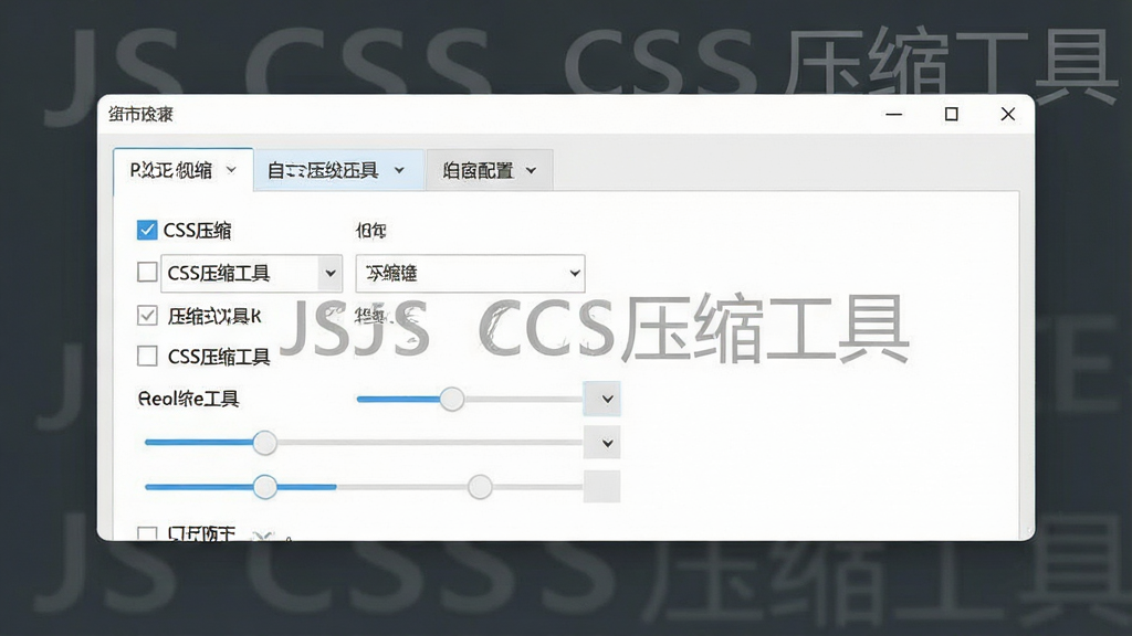 一张展示JS CSS压缩工具自定义配置界面的图片,主体为软件设置面板,布局为选项卡形式,排版规整,风格为清爽浅色系,细节包括勾选框、下拉菜单、滑块调节控件,背景带有软件名称“JS CSS压缩工具”水印,画质清晰,画面干净,无多余元素